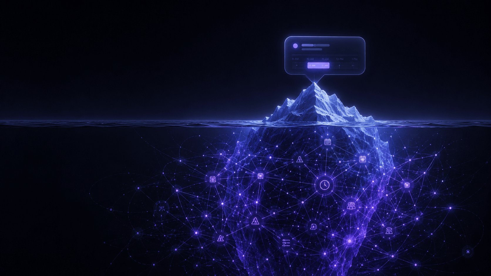 A calm calendar event sits above the waterline while a dense network of edge cases hides beneath it.