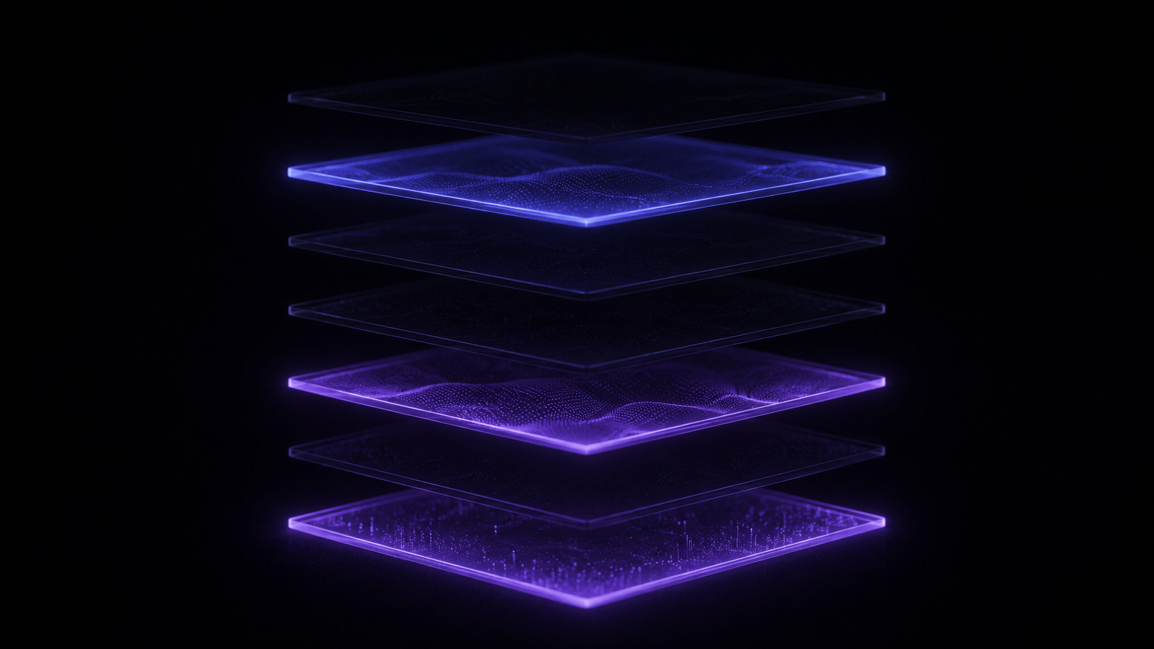 Seven translucent reliability layers stacked in dark space, glowing indigo to violet.