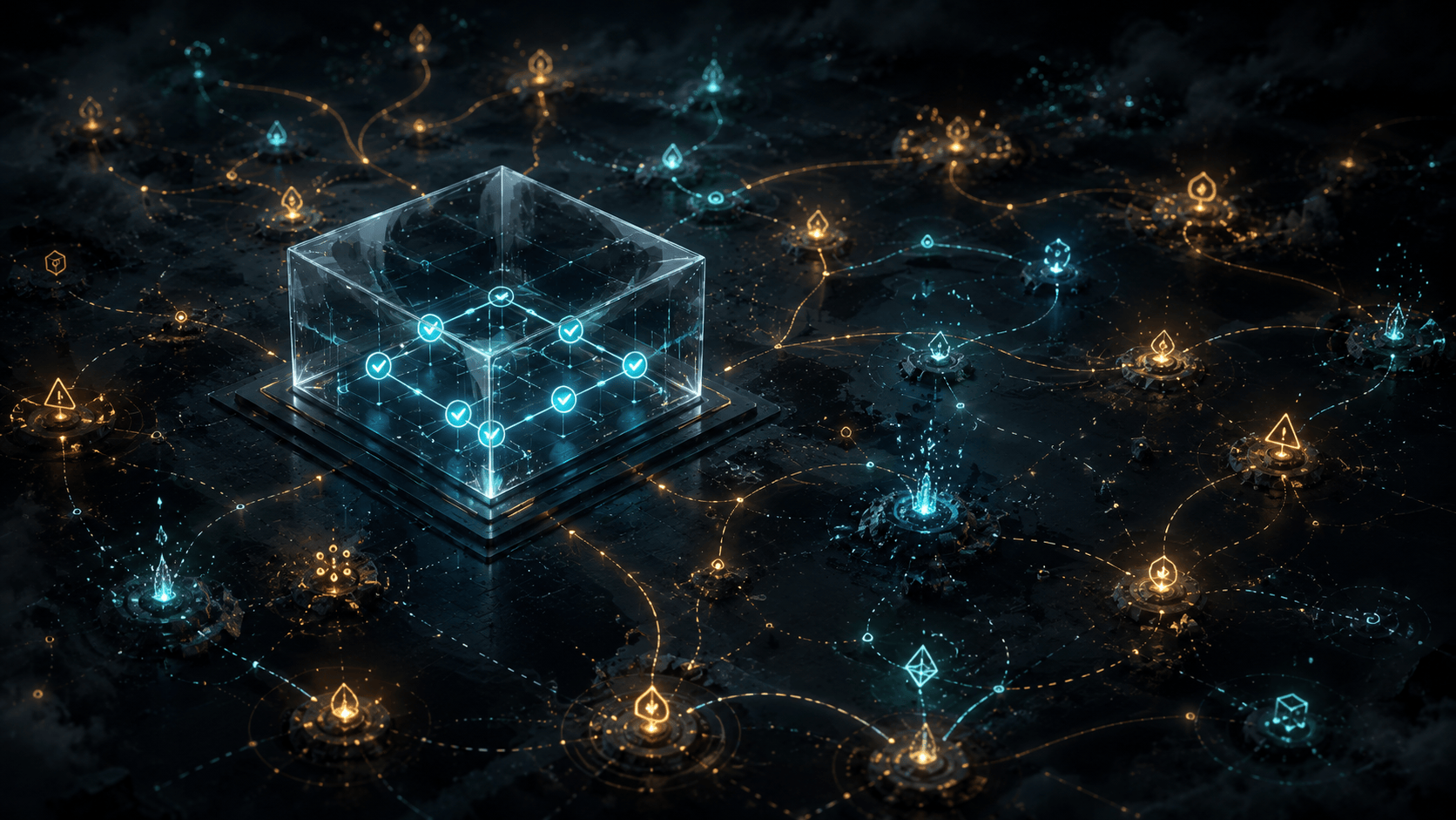 A validated glass core surrounded by a field of nodes, some checkmarked, some flagged as edge-case warnings.