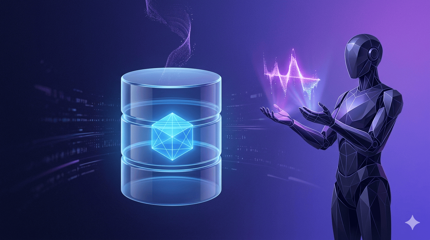 A glowing correct data record locked inside a database while an AI agent confidently projects a different, wrong value.