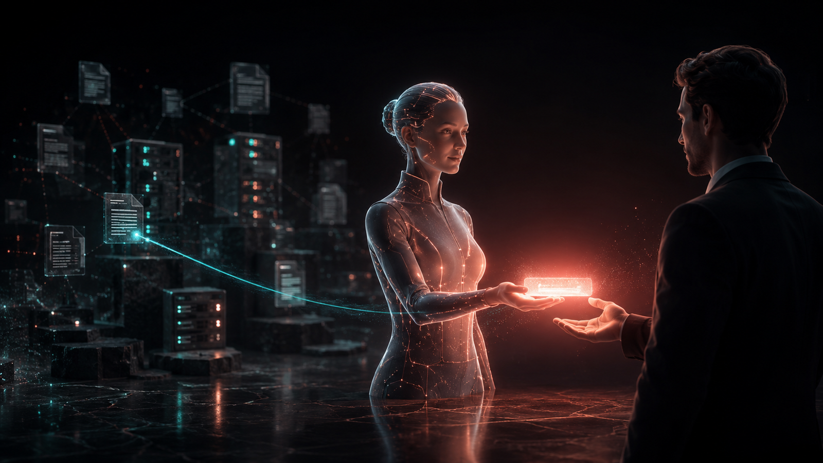 An AI support agent confidently handing an answer to a customer while the real knowledge base sits faded and disconnected behind it