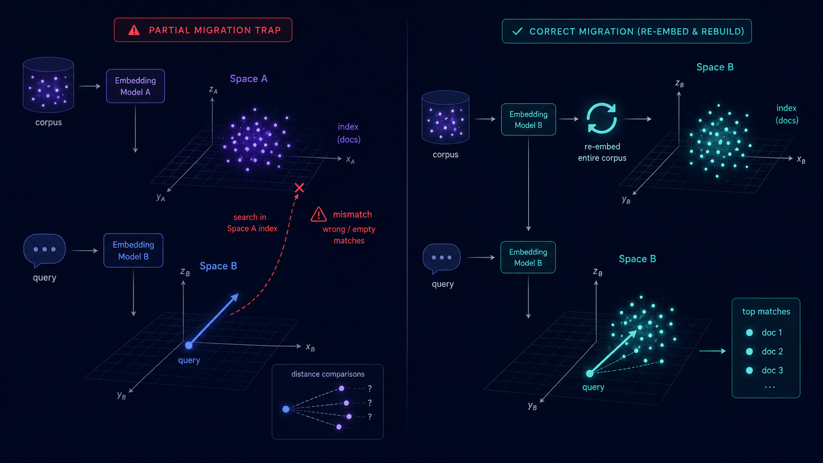 The partial migration trap: an index built with model A, a query embedder swapped to model B landing in a different space, a meaningless comparison, and the fix of re-embedding the corpus